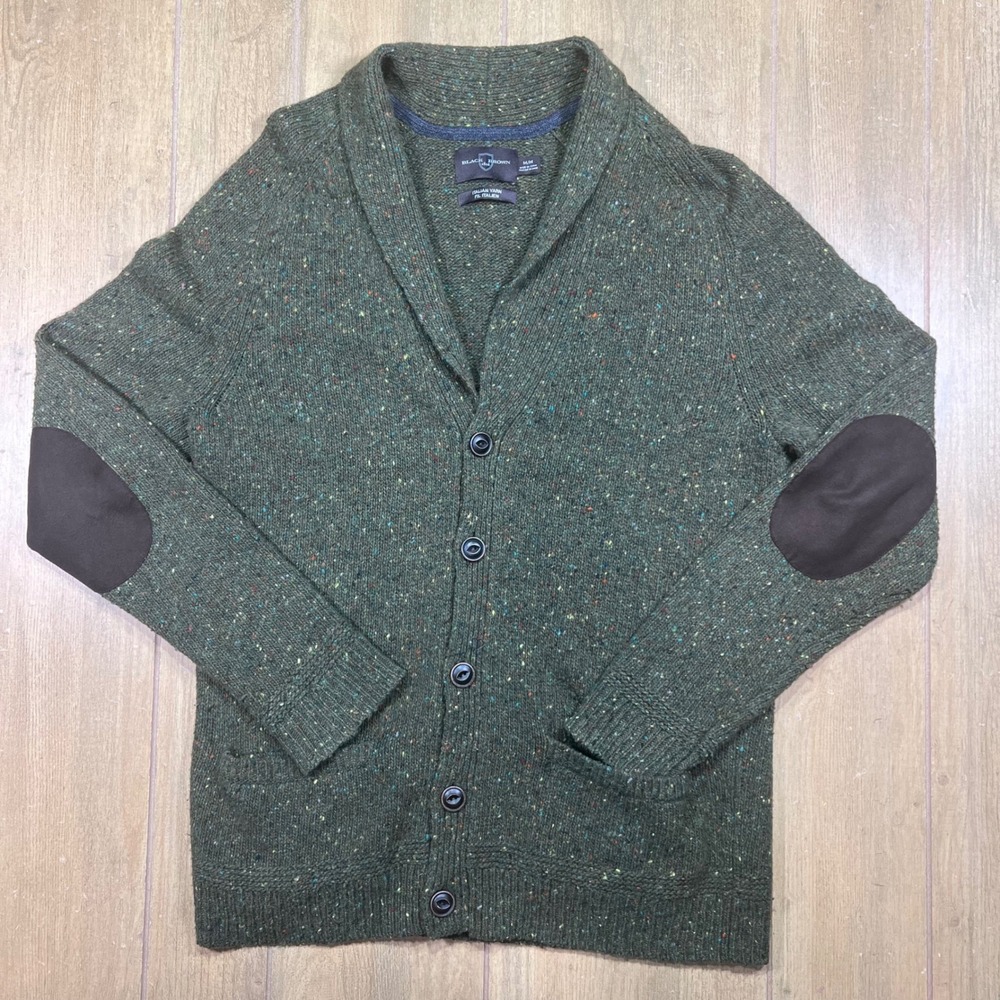 Black Brown 1826 Mens Shawl Collar Donegal Tweed Wool Cardigan Elbow Patches M